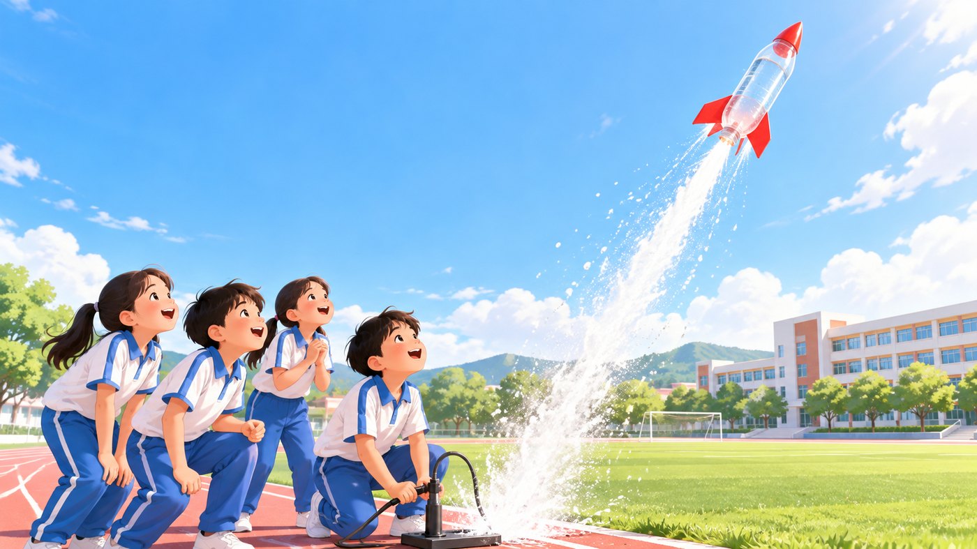 孩子们在操场上发射水火箭
