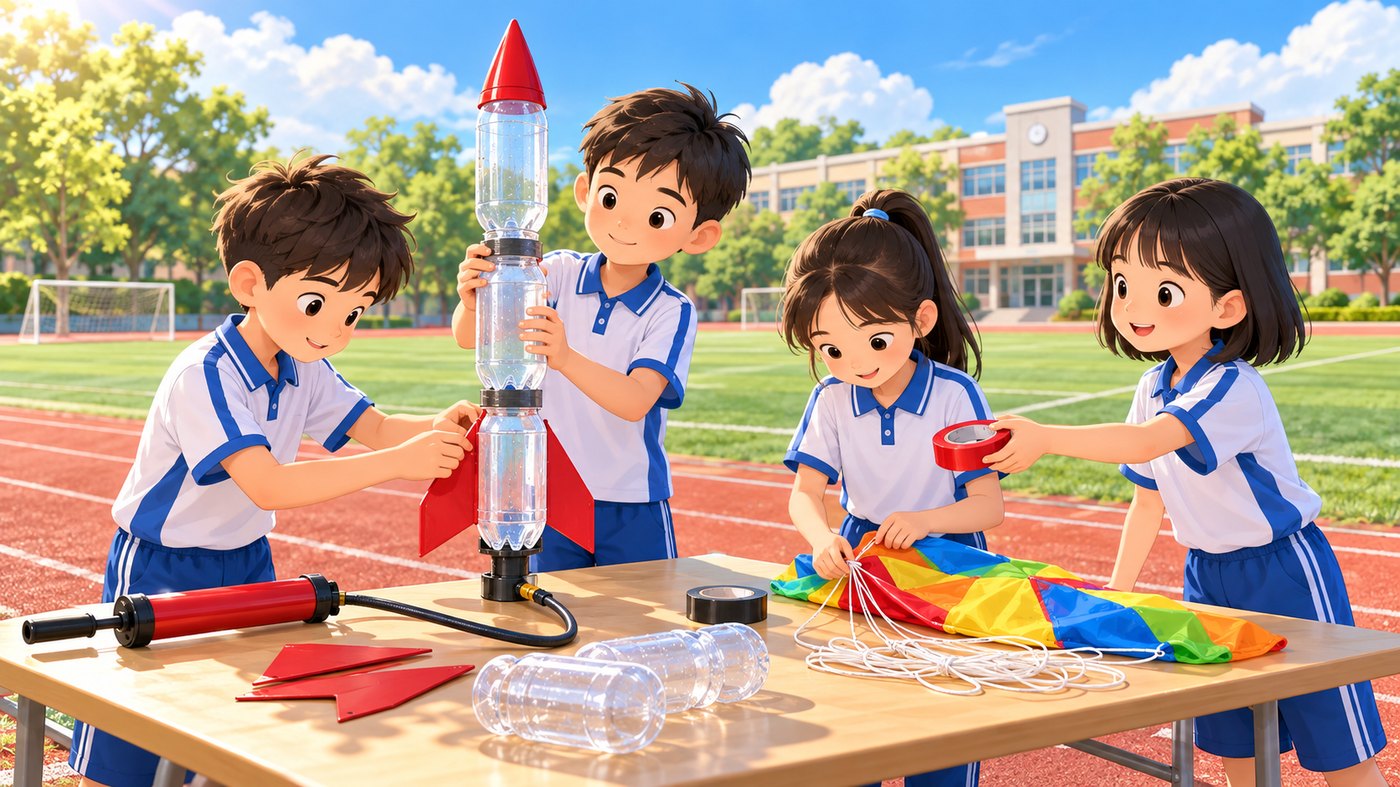 同学们在教室里组装水火箭